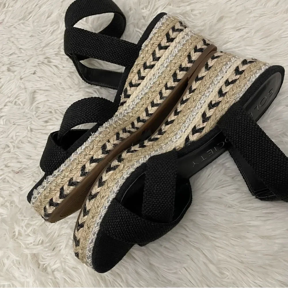 Sole Society Carmelina Espadrille Wedge Sandals Black Ankle strap Size 7.5M/ 38‎